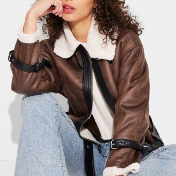 NWT Wild Fable Brown Faux Leather Sherpa Aviator Jacket Women’s Size Small - Picture 2 of 9